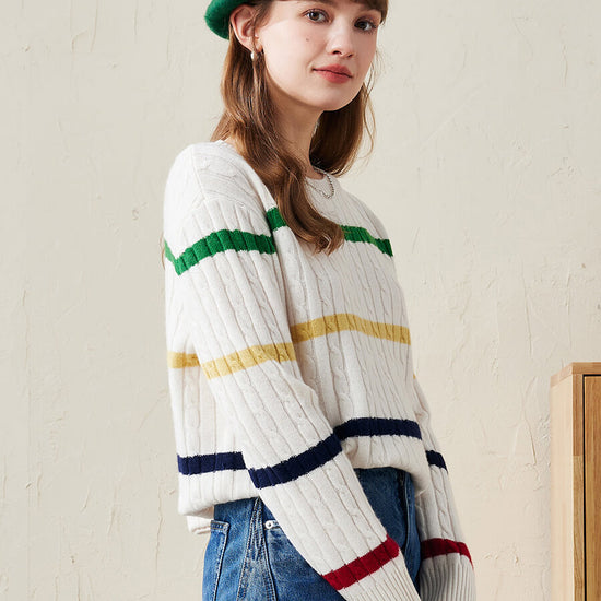 COMOBOCA 100% Wool Women's Colorful Striped Cable Knit Sweater