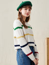 COMOBOCA 100% Wool Women's Colorful Striped Cable Knit Sweater
