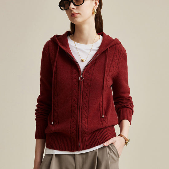 COMOBOCA Red 100% Wool Women's Cable Knit Zip Cardigan Hoodie