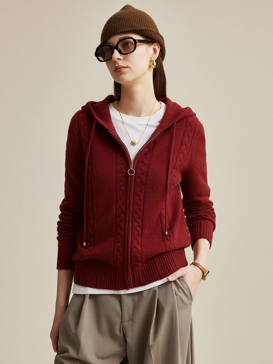 COMOBOCA Red 100% Wool Women's Cable Knit Zip Cardigan Hoodie