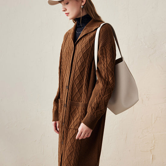 COMOBOCA 100% Wool Women's Cable Knit Long Front Button Coat