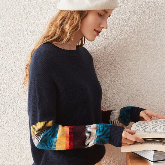 COMOBOCA 100% Cashmere Women's Striped Round Neck Sweater