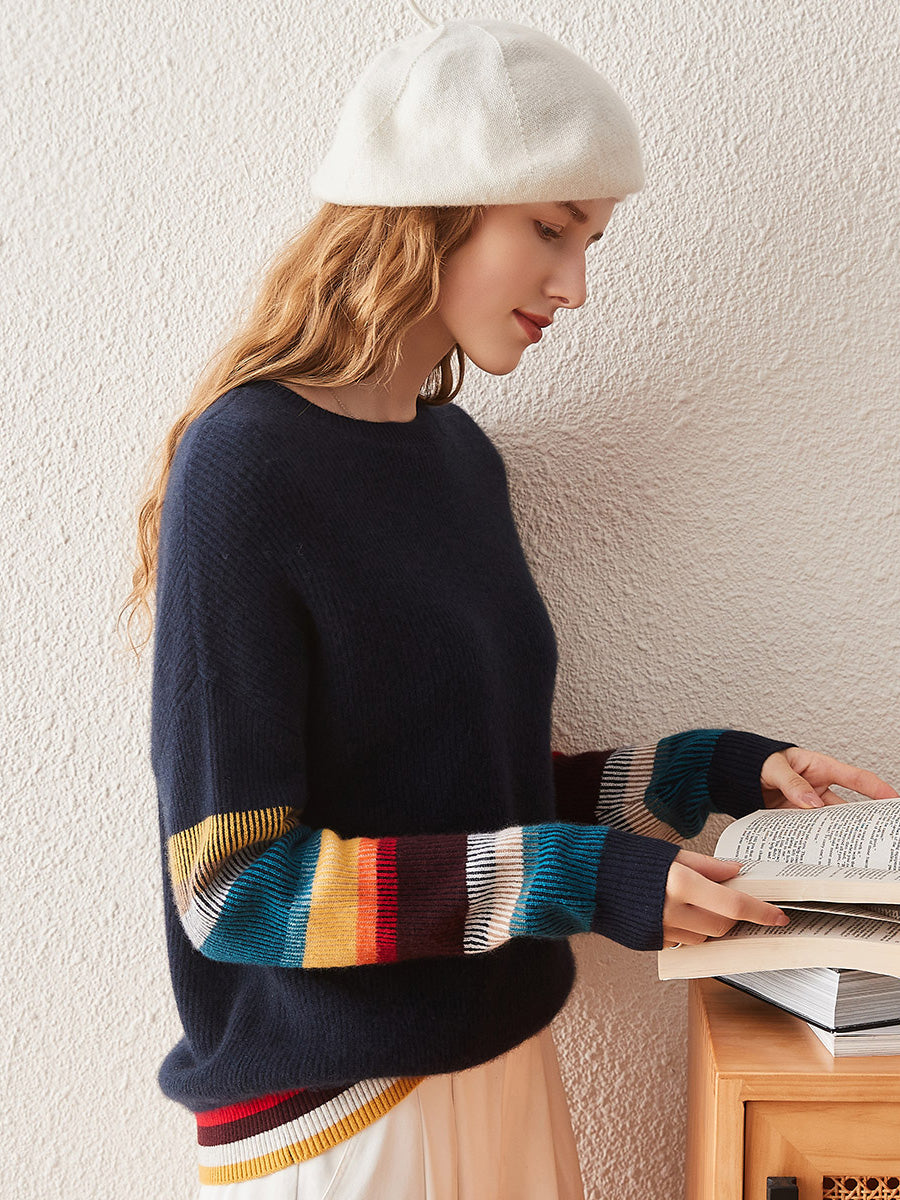 COMOBOCA 100% Cashmere Women's Striped Round Neck Sweater