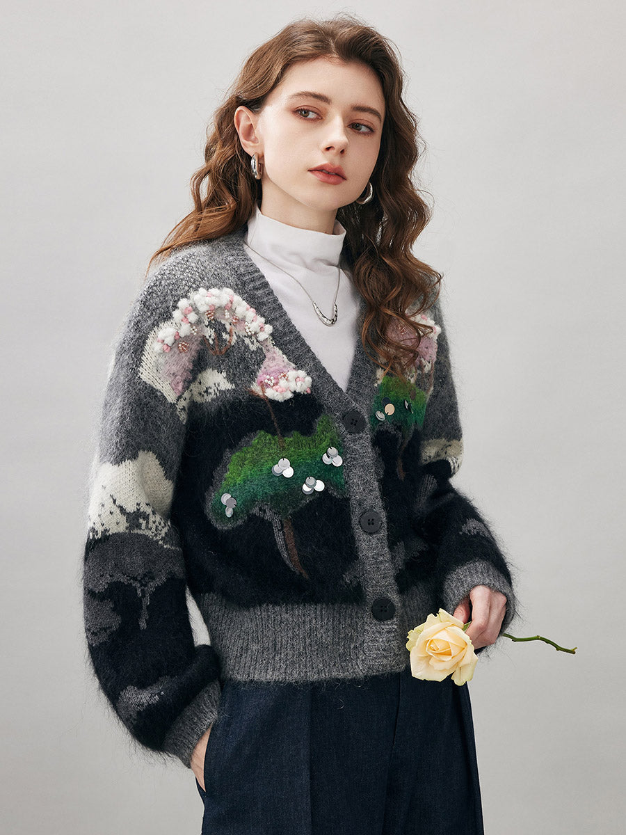 COMOBOCA Women's Landscape Patterned Knit Cardigan