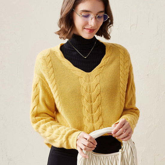 COMOBOCA Yellow 100% Cashmere Women's Cable Knit V-Neck Sweater