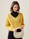 COMOBOCA Yellow 100% Cashmere Women's Cable Knit V-Neck Sweater