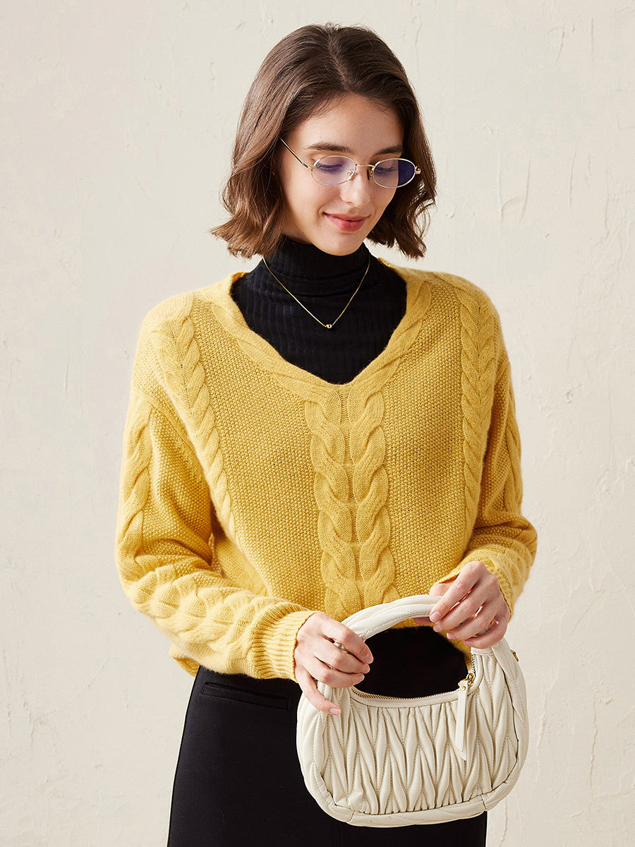 COMOBOCA Yellow 100% Cashmere Women's Cable Knit V-Neck Sweater
