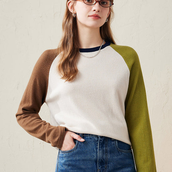 COMOBOCA Olive Green 100% Wool Women's Color Block Knit Sweater