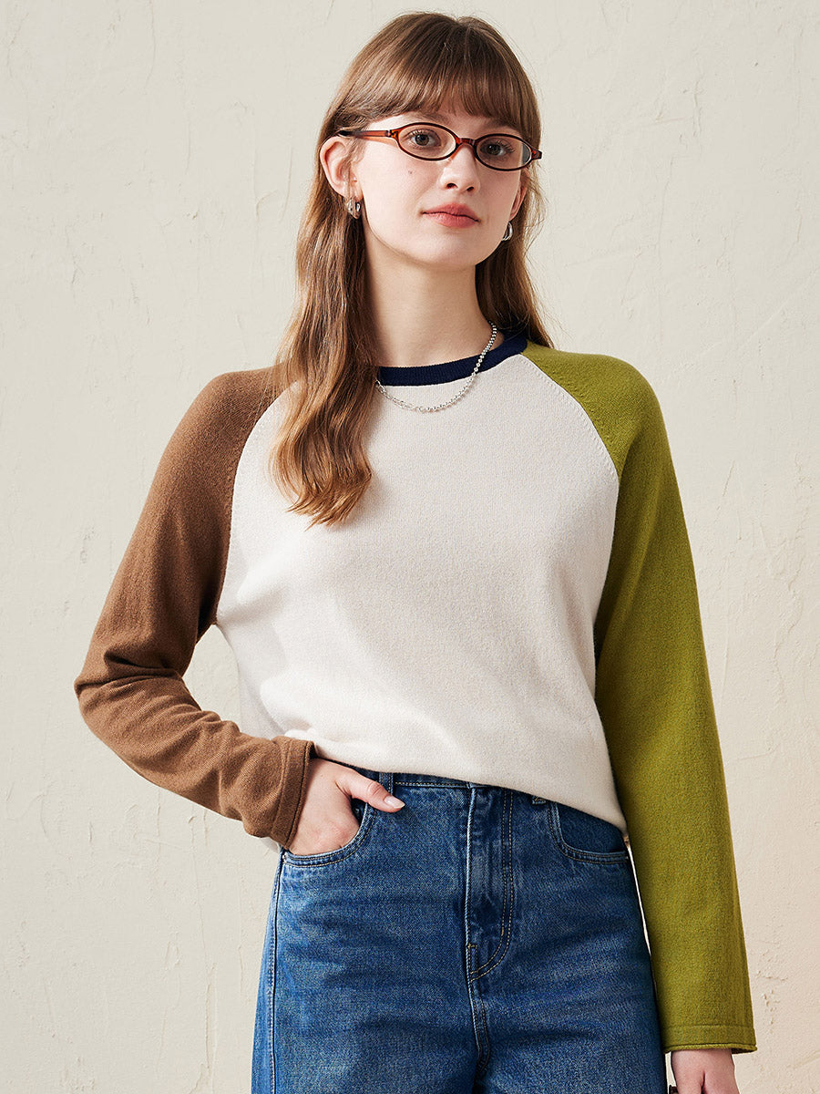 COMOBOCA Olive Green 100% Wool Women's Color Block Knit Sweater