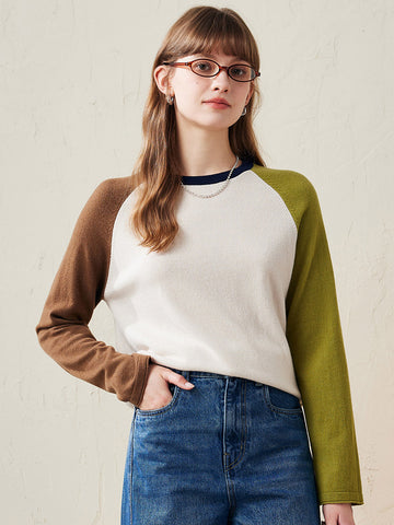 COMOBOCA Olive Green 100% Wool Women's Color Block Knit Sweater