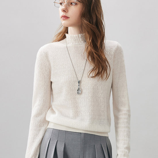 COMOBOCA Cloudy 100% Wool Women's Ruffled Mock Neck Knit Sweater