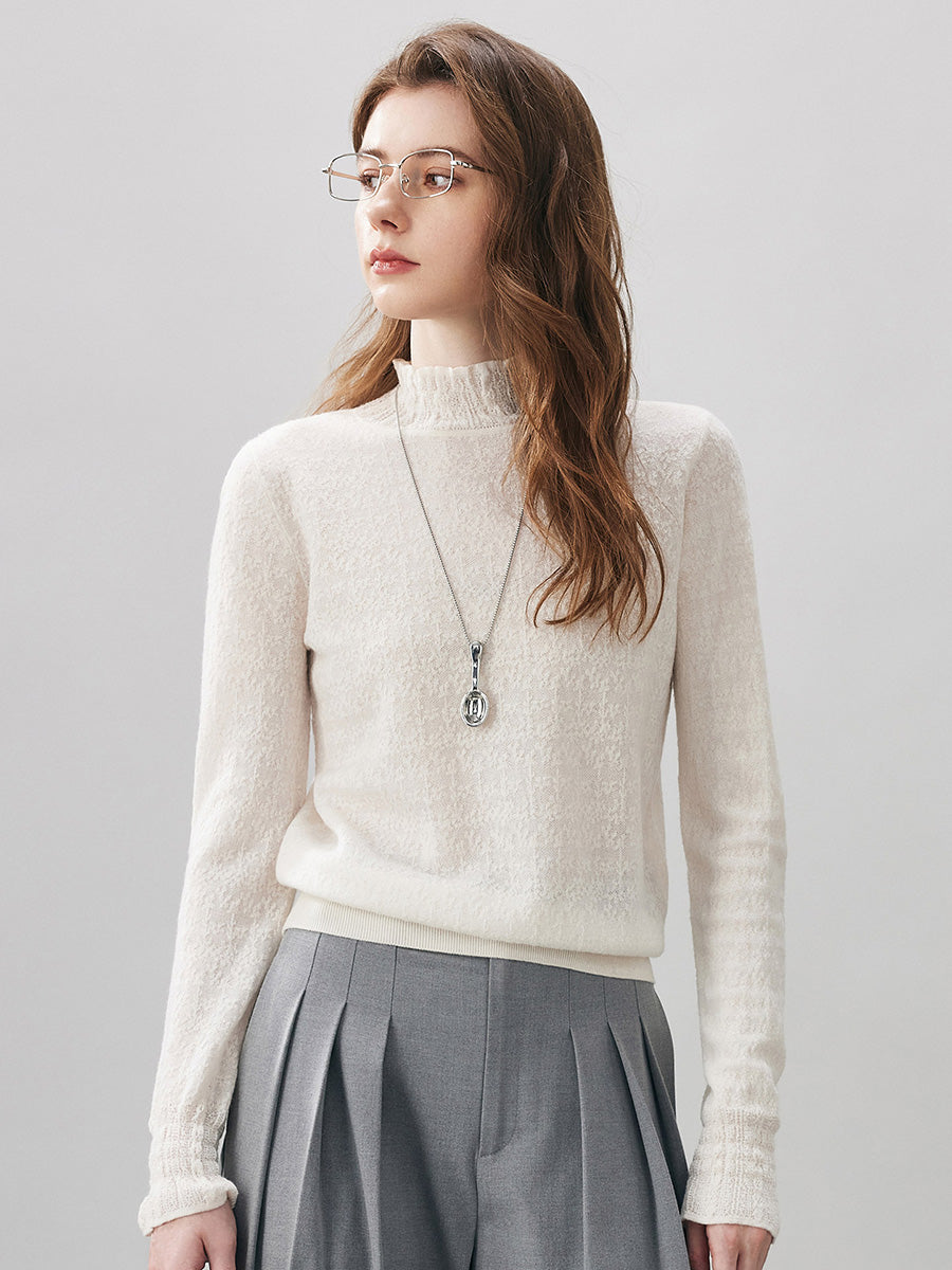 COMOBOCA Cloudy 100% Wool Women's Ruffled Mock Neck Knit Sweater