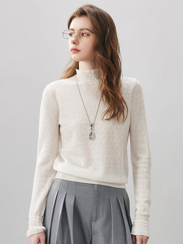 COMOBOCA Cloudy 100% Wool Women's Ruffled Mock Neck Knit Sweater