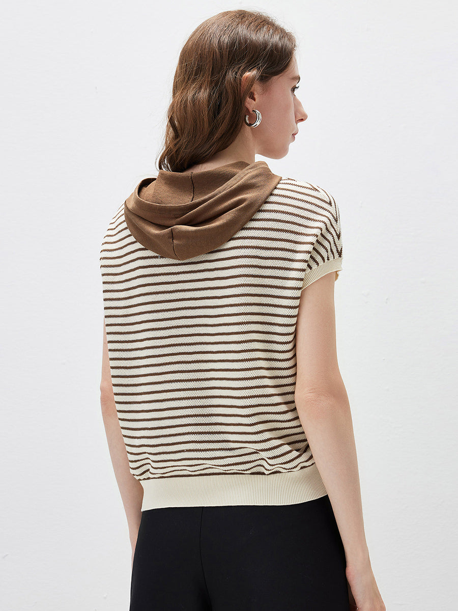 COMOBOCA Women's Striped Contrast Hooded Knit T-Shirt