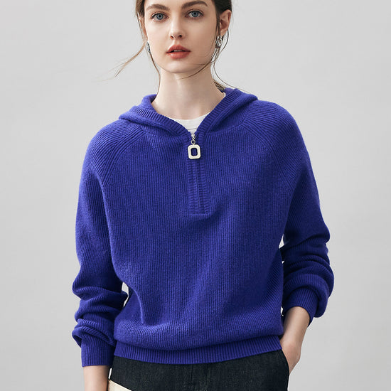 COMOBOCA Blue 100% Cashmere Women's Ribbed Half Zip Knit Hoodie