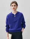 COMOBOCA Blue 100% Cashmere Women's Ribbed Half Zip Knit Hoodie