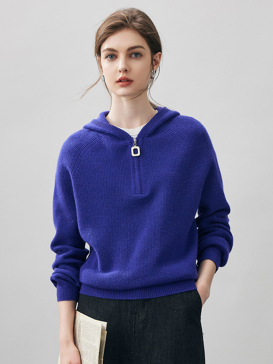 COMOBOCA Blue 100% Cashmere Women's Ribbed Half Zip Knit Hoodie