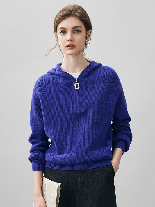 COMOBOCA Blue 100% Cashmere Women's Ribbed Half Zip Knit Hoodie