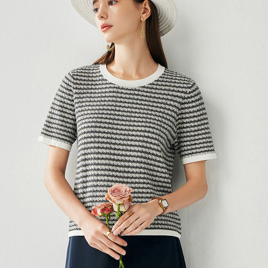 COMOBOCA White Women's Elegant Striped Knit T-Shirt