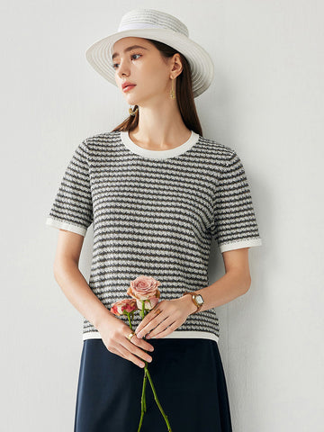 COMOBOCA White Women's Elegant Striped Knit T-Shirt