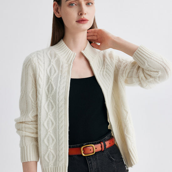 COMOBOCA 100% Cashmere Women's Cable Knit Zip Up Cardigan