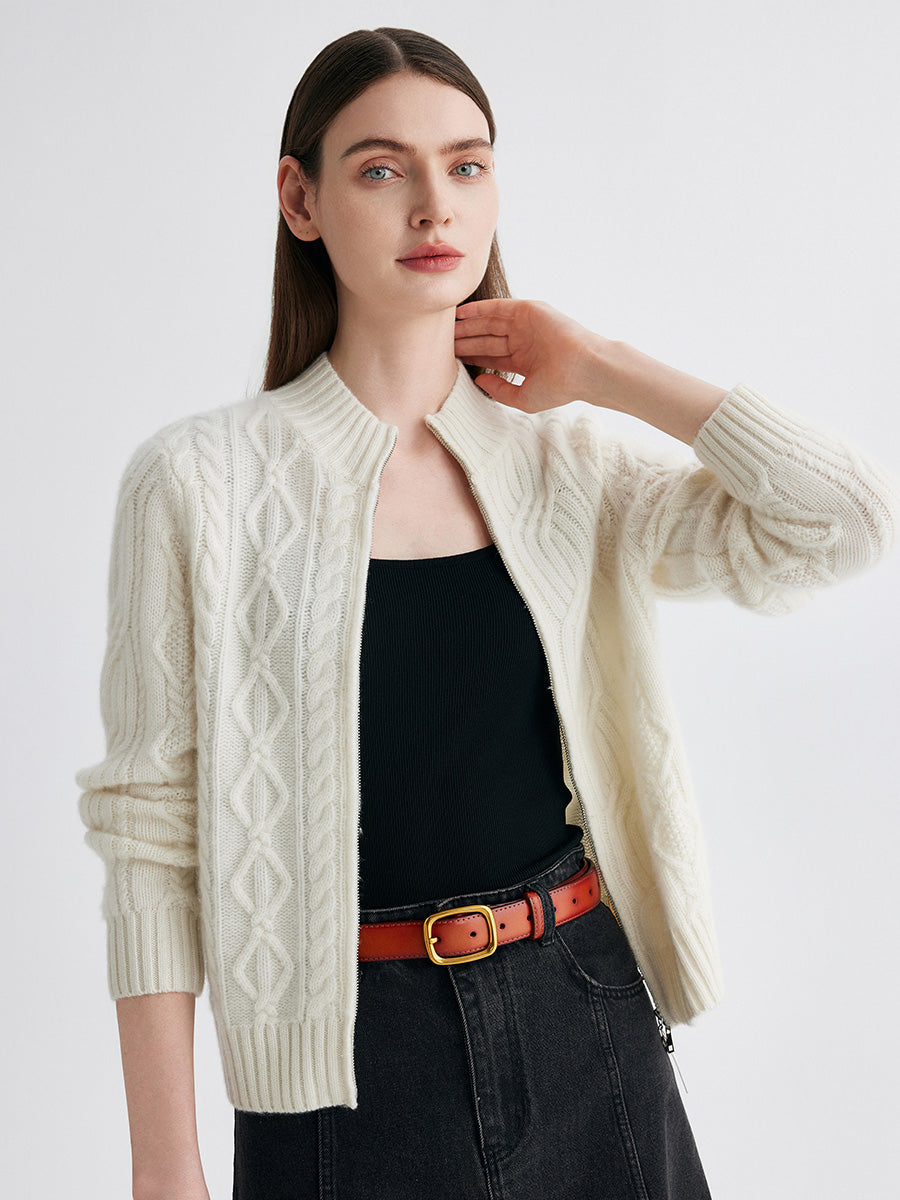 COMOBOCA 100% Cashmere Women's Cable Knit Zip Up Cardigan