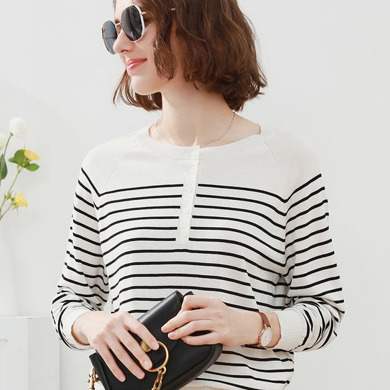 COMOBOCA Black Women's Striped Henley T-Shirt Sweater