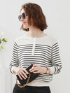 COMOBOCA Black Women's Striped Henley T-Shirt Sweater