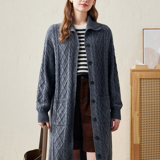 COMOBOCA 100% Wool Women's Cable Knit Long Front Button Coat