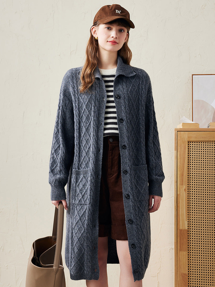 COMOBOCA 100% Wool Women's Cable Knit Long Front Button Coat