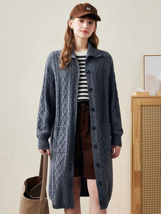 COMOBOCA 100% Wool Women's Cable Knit Long Front Button Coat