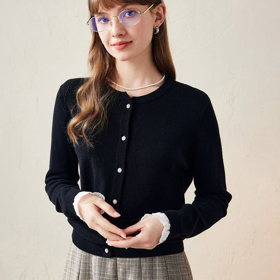 COMOBOCA 100% Wool Ribbed Extra Size Cardigan with Lace Cuffs