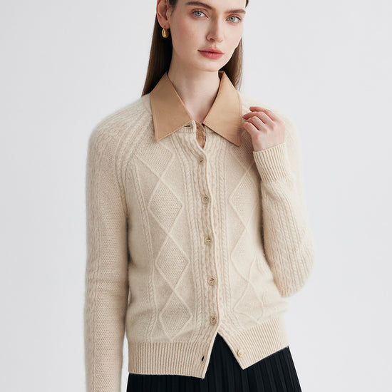 COMOBOCA 100% Cashmere Women's Argyle Cable Button Up Knit Cardigan