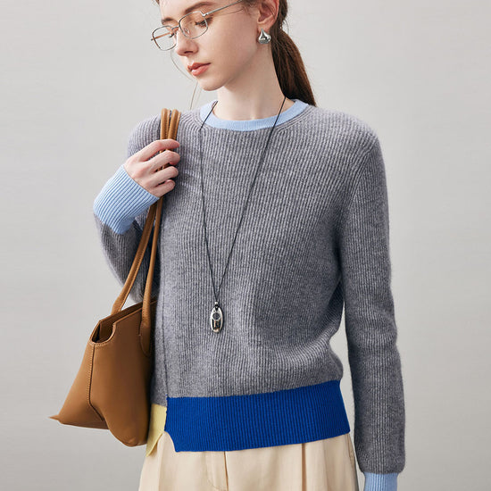 COMOBOCA 100% Cashmere Women's Color Block Ribbed Knit Sweater