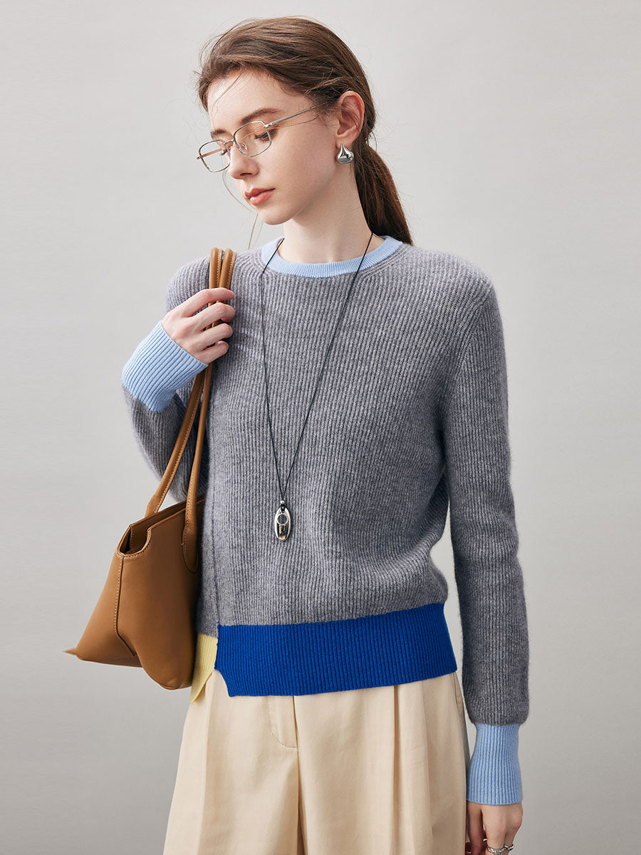 COMOBOCA 100% Cashmere Women's Color Block Ribbed Knit Sweater