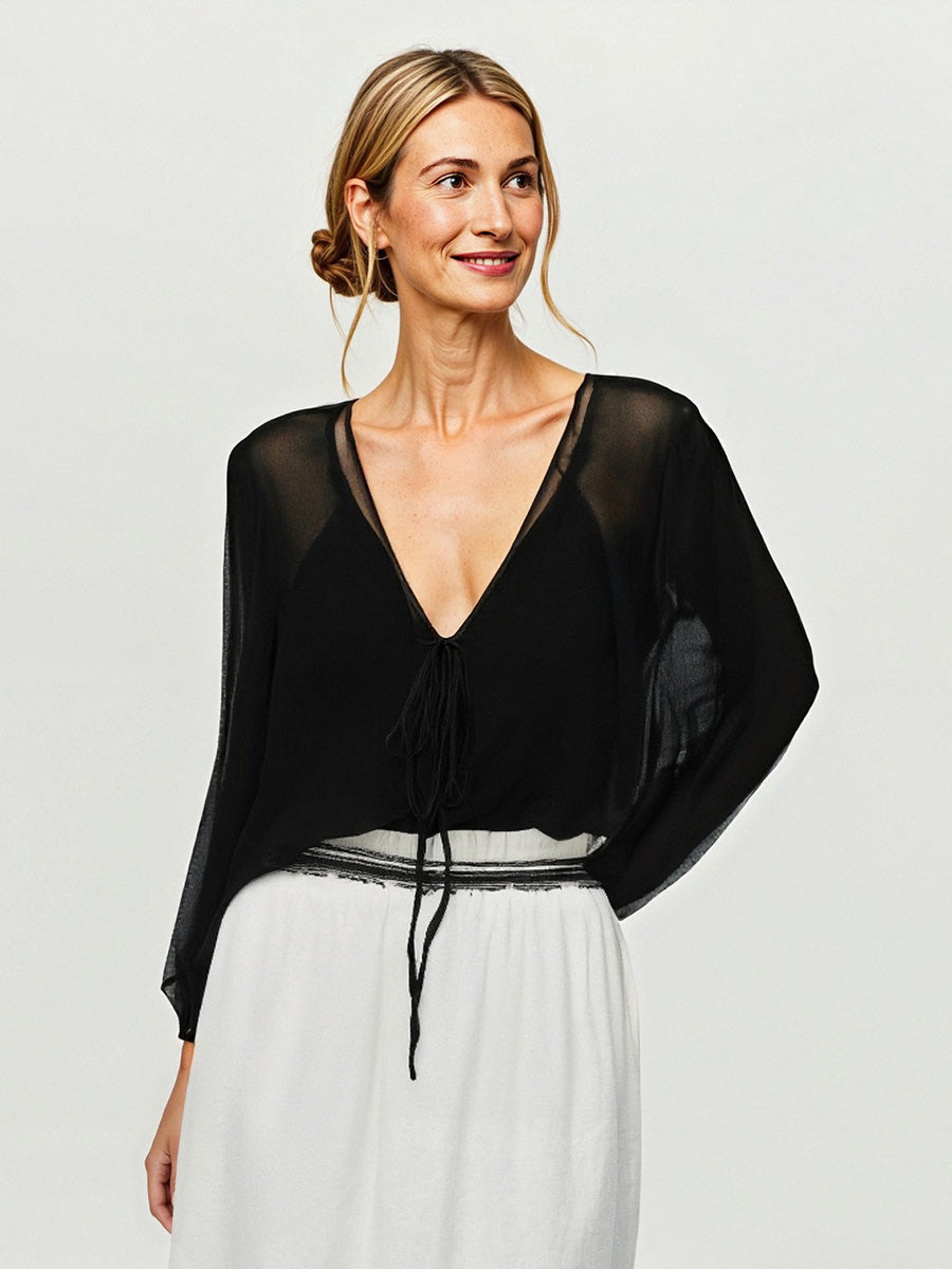 COMOBOCA Black 100% Mulberry Silk Women's Tie-Front Blouse