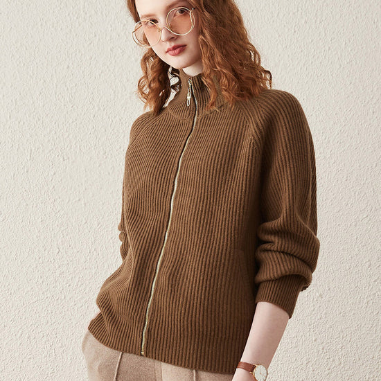 COMOBOCA Brown 100% Wool Women's Half-High Neck Zip Cardigan