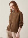 COMOBOCA Brown 100% Wool Women's Half-High Neck Zip Cardigan