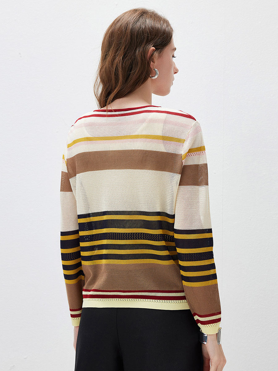COMOBOCA Women's Multi Striped Mesh Knit Round Neck Sweater