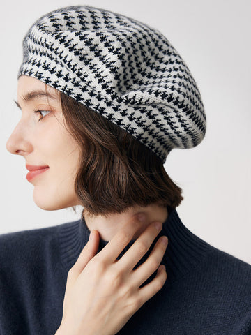 COMOBOCA Black 100% Cashmere Elegant Houndstooth Knit Beret