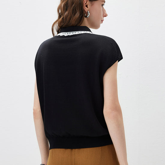 COMOBOCA Women's Lace Trim Collar Knit Polo T-Shirt