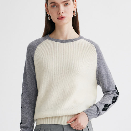 COMOBOCA Cloudy 100% Cashmere Women's Color Block Round Neck Sweater