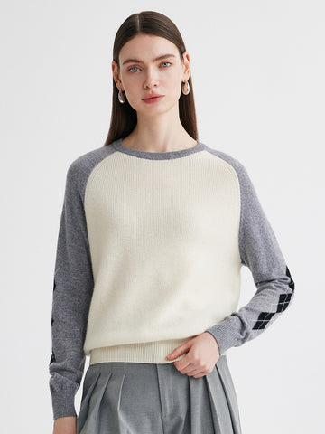 COMOBOCA Cloudy 100% Cashmere Women's Color Block Round Neck Sweater