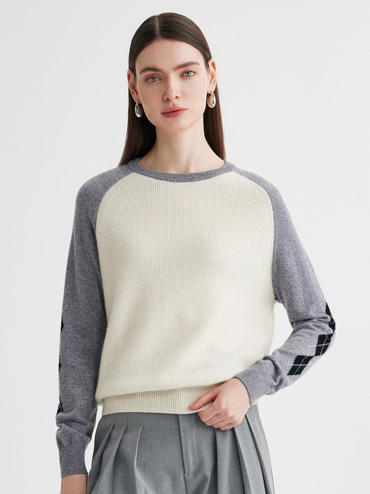 COMOBOCA Cloudy 100% Cashmere Women's Color Block Round Neck Sweater