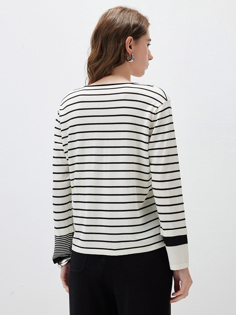 COMOBOCA Women's Stripe Henley Round Neck Sweater