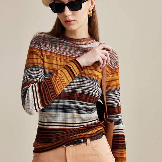 COMOBOCA Coffee 100% Wool Women's Multicolor Striped Knit Sweater