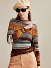 COMOBOCA Coffee 100% Wool Women's Multicolor Striped Knit Sweater