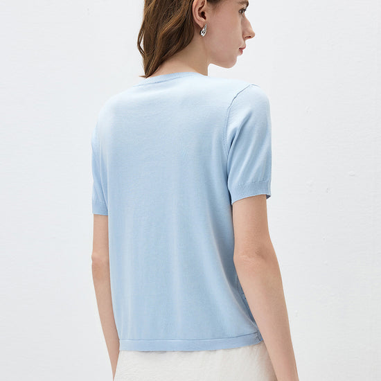 COMOBOCA Women's Floral Lace Trim Knit T-Shirt