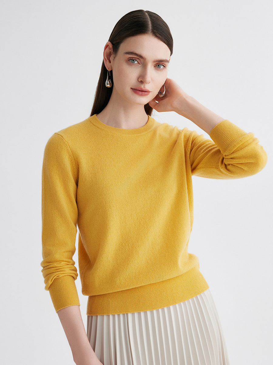 COMOBOCA Yellow 100% Cashmere Women's Round Neck Sweater