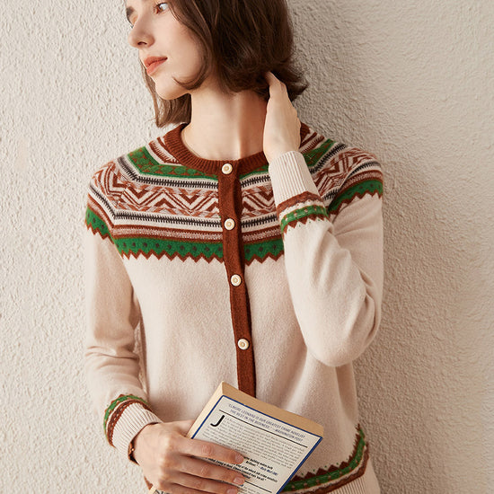 COMOBOCA 100% Cashmere Women's Vintage Inspired Geometric Knit Cardigan